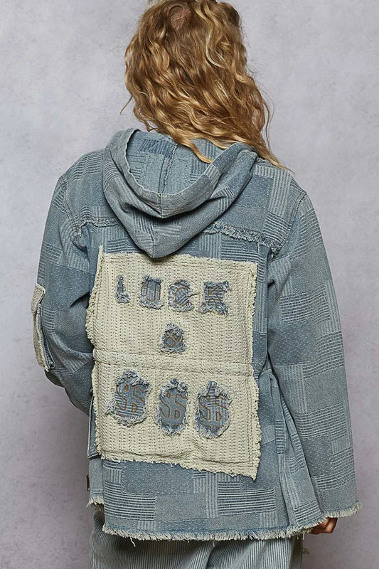 Image of POL Raw Hem Drawstring Zip Up Hooded Denim Jacket | Queeble.shop