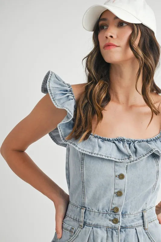Image of MABLE Off Shoulder Ruffle Detail Denim Romper | Queeble.shop