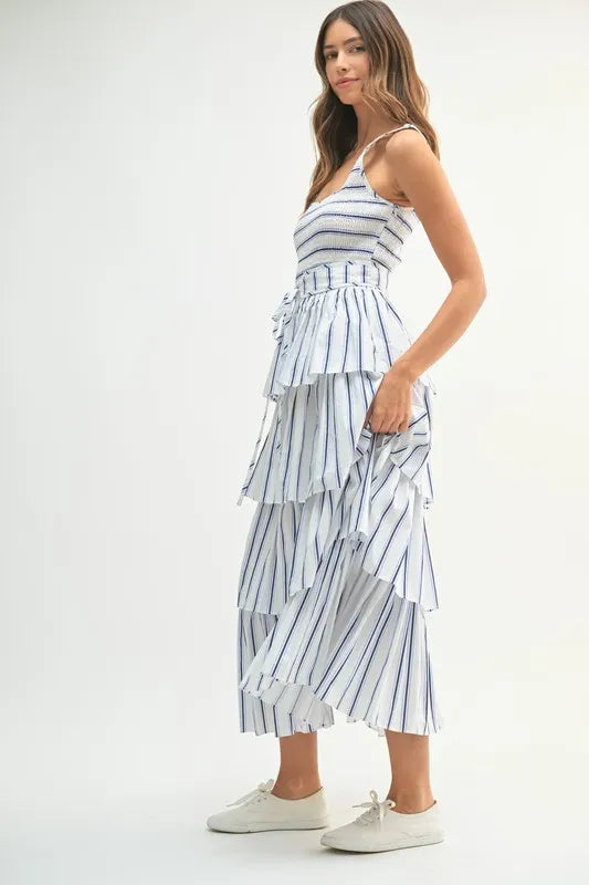 Image of MABLE Pin Stripe Smocked Bodice Layered Midi Dress | Queeble.shop