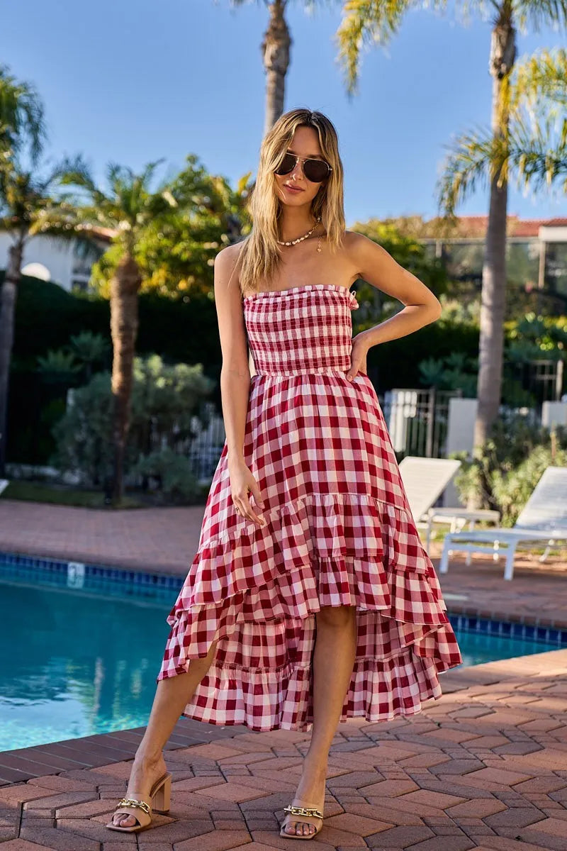 Image of BiBi Smocked Body Off Shoulder Check Dress | Queeble.shop