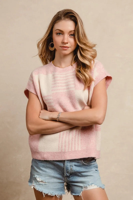Image of BiBi Checker With Stripes Pattern Sleeveless Sweater | Queeble.shop