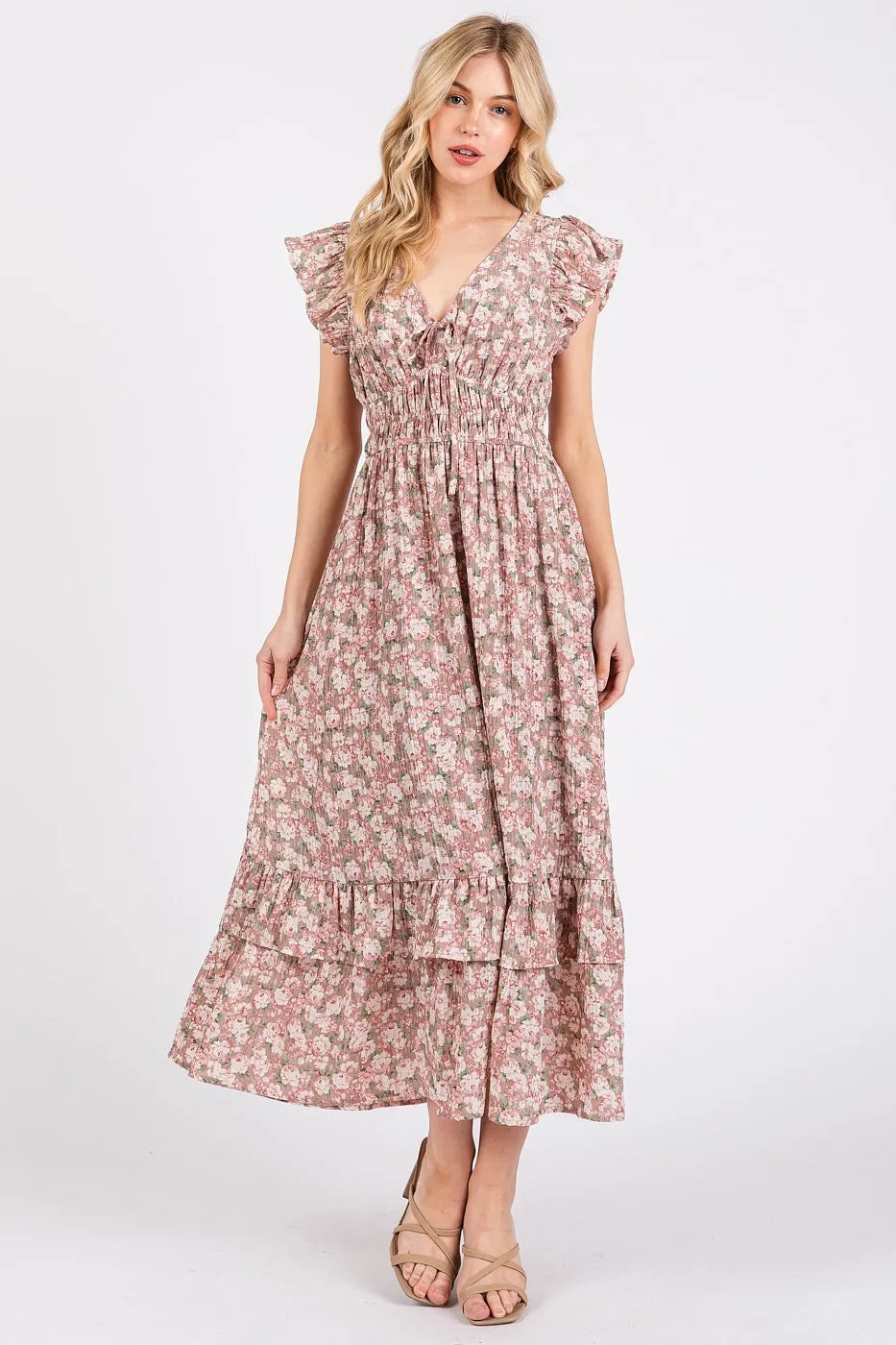 Image of Mittoshop Flower Print Ruffle Cap Sleeve V-neck Midi Dress | Queeble.shop