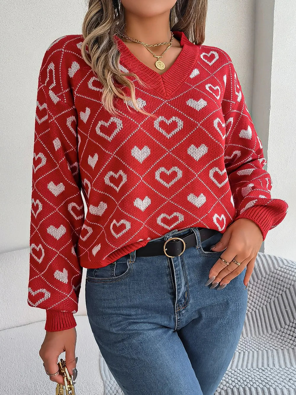 Image of Heart Pattern V-Neck Long Sleeve Sweater | Queeble.shop