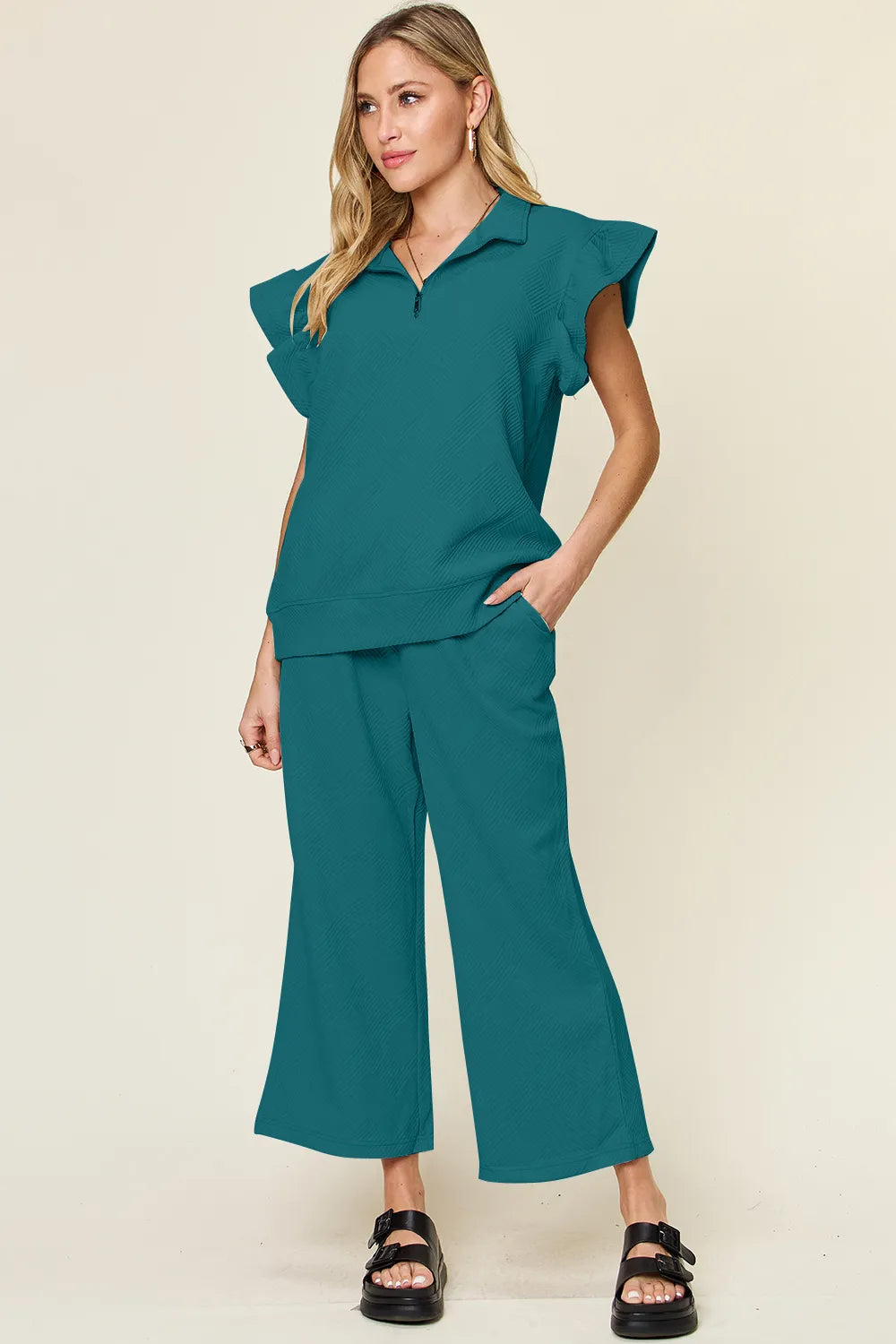 Image of Double Take Texture Ruffle Short Sleeve Top and Drawstring Wide Leg Pants Set | Queeble.shop