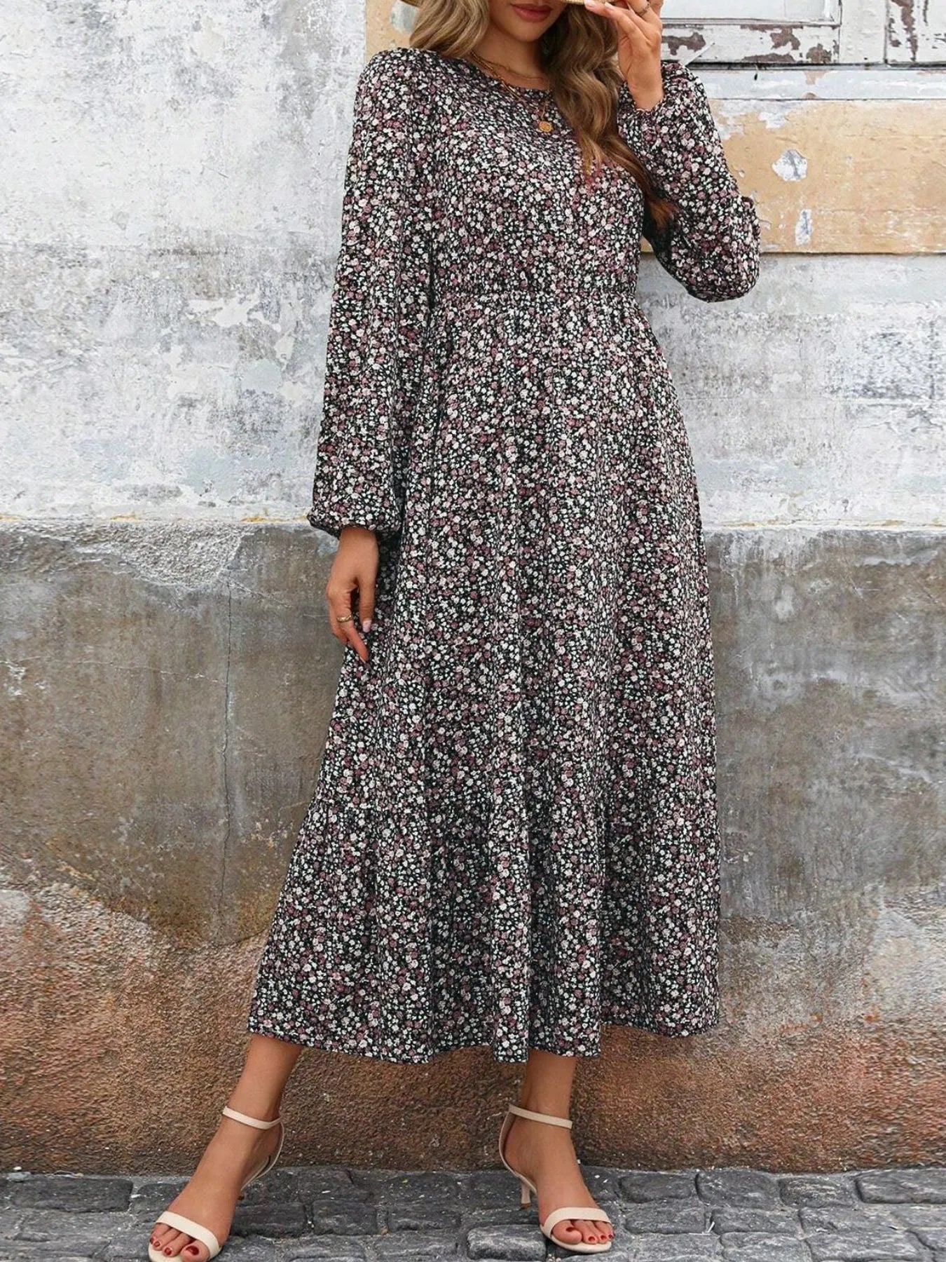 Image of Printed Long Sleeve Midi Dress with Elastic Waist | Queeble.shop