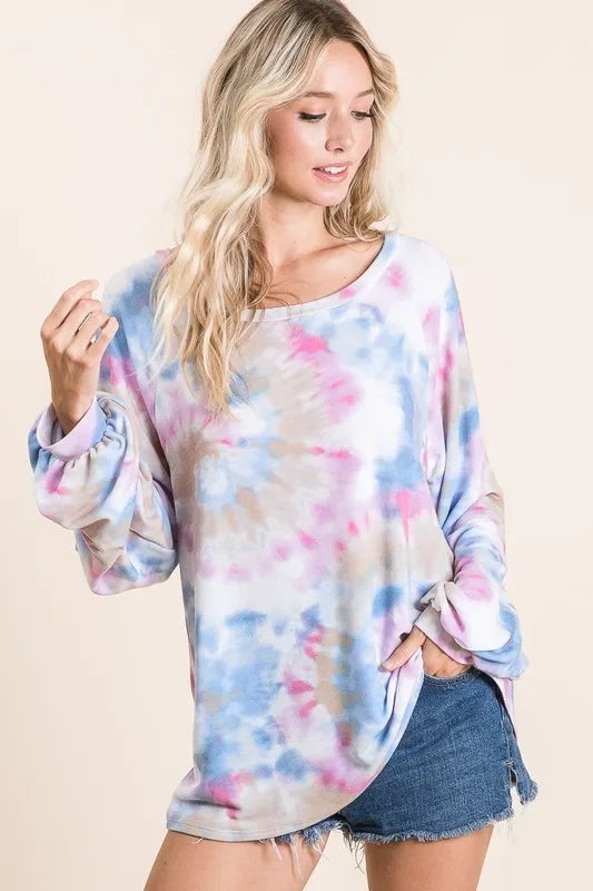 Image of BiBi Tie Dye Print Terry Top With Puff Sleeves | Queeble.shop