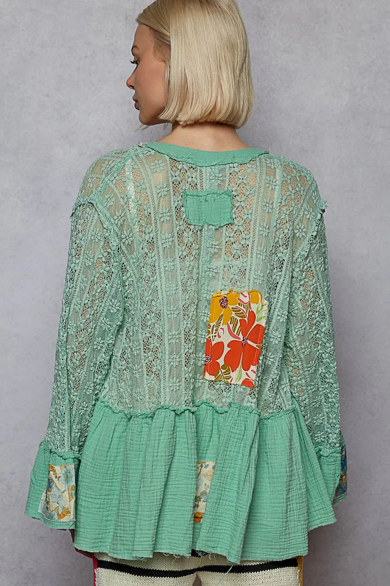 Image of POL Lace Ruffled Hem Open Front Cardigan | Queeble.shop