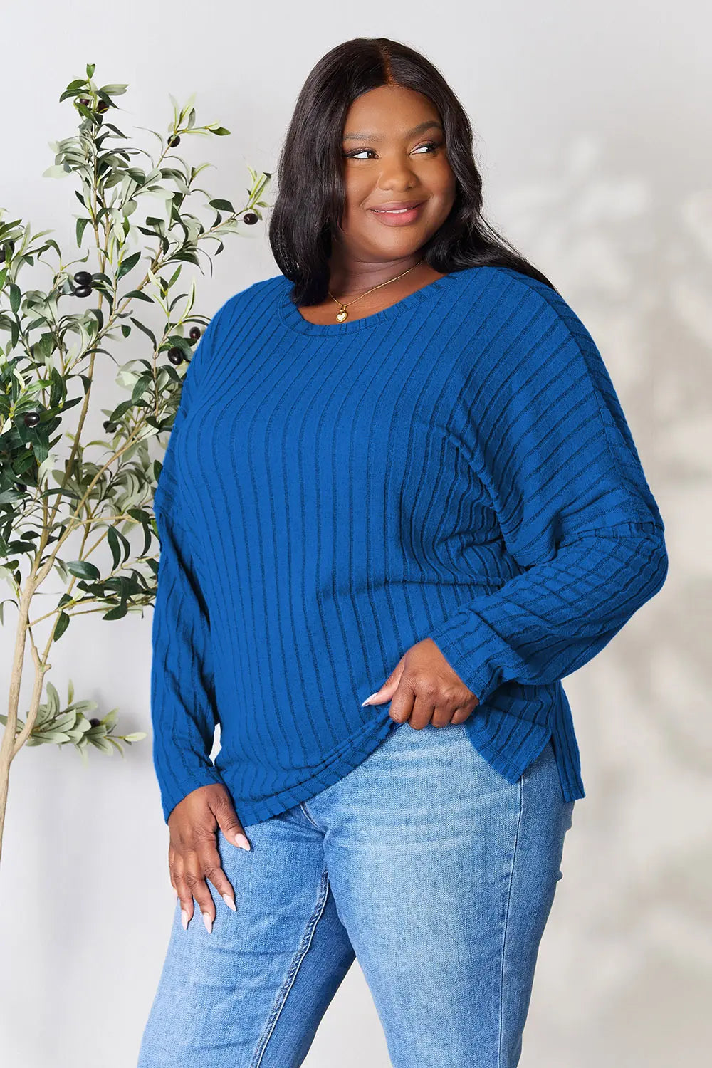 Image of Basic Bae Full Size Ribbed Round Neck Slit Knit Top | Queeble.shop