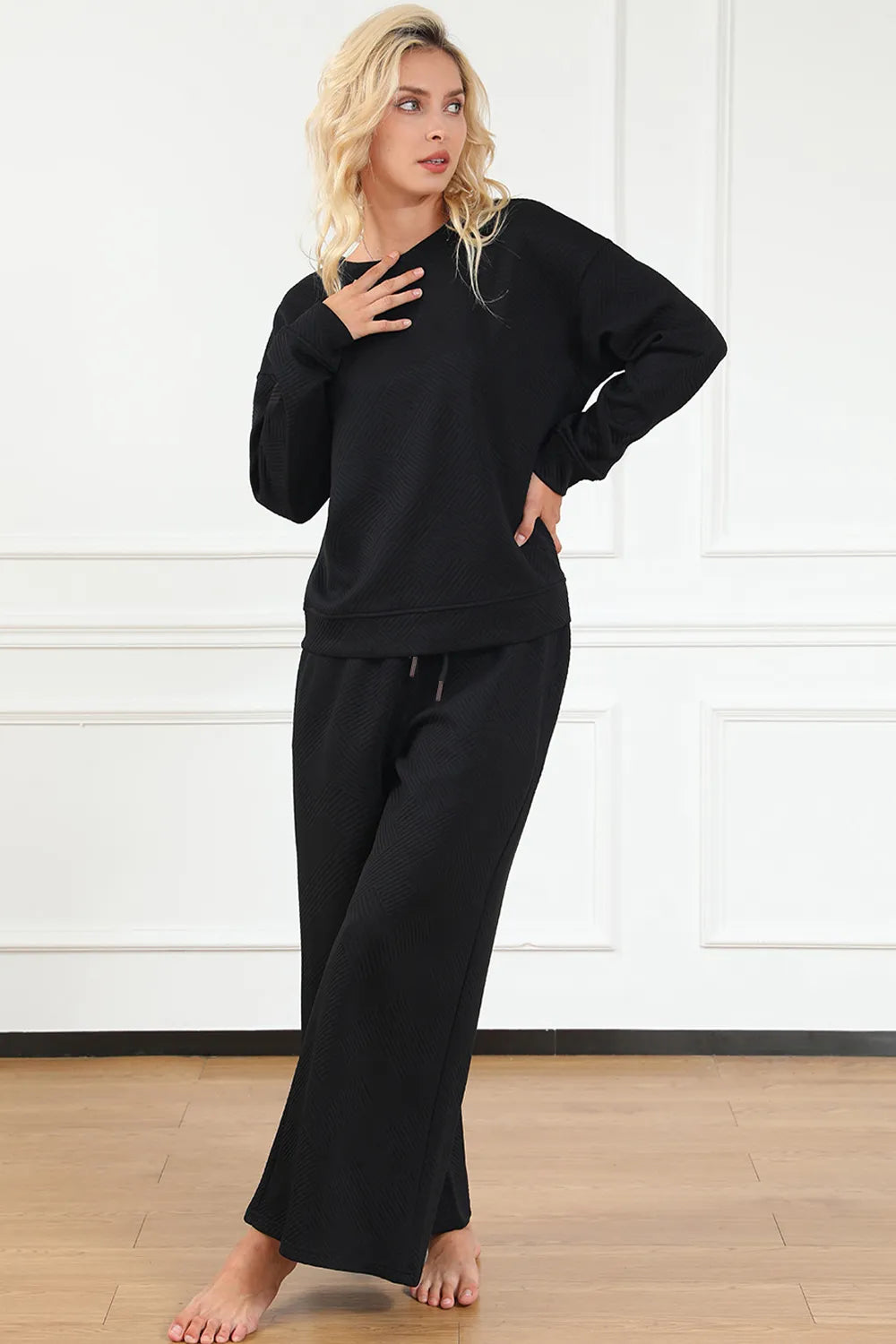 Image of Double Take Full Size Textured Long Sleeve Top and Drawstring Pants Set | Queeble.shop