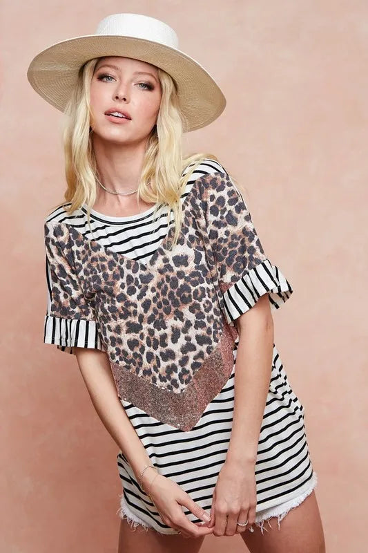 Image of BiBi Stripe Rayon Span Knit Color Block Top With Leopard | Queeble.shop