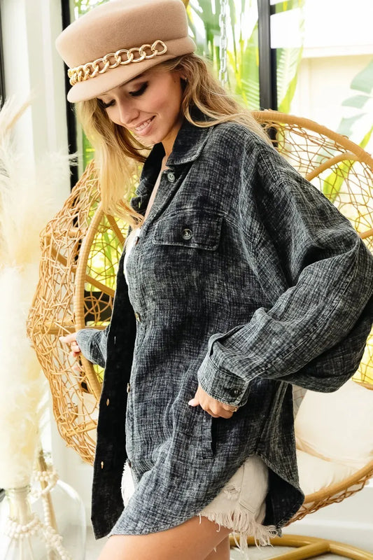 Image of BiBi Vintage Washed Wrinkle Gauze Shacket | Queeble.shop