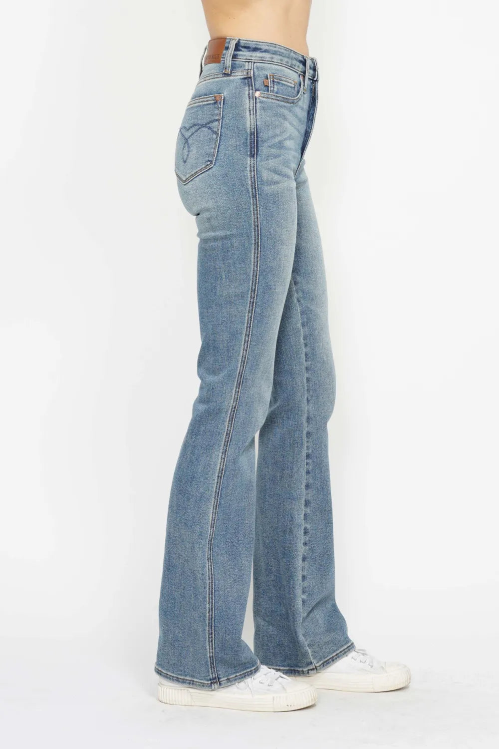 Image of Judy Blue Full Size Tummy Control Back Embroidered Pocketed Bootcut Jeans Plus Size | Queeble.shop