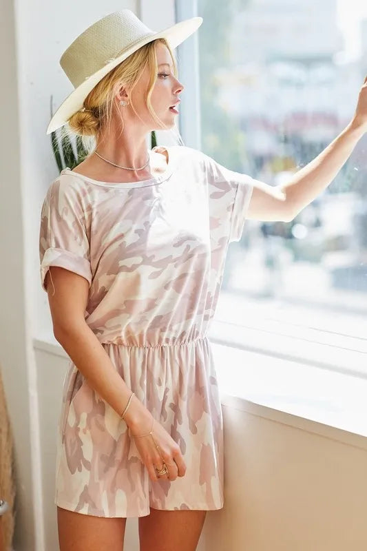 Image of BiBi Camo Print French Terry Romper with Side Pockets | Queeble.shop