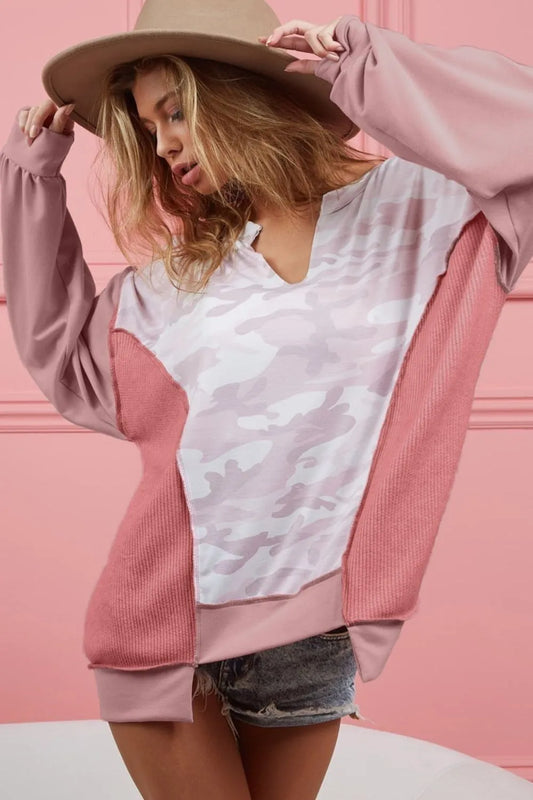Image of BiBi Camo Printed French Terry Knit Color Block Top | Queeble.shop