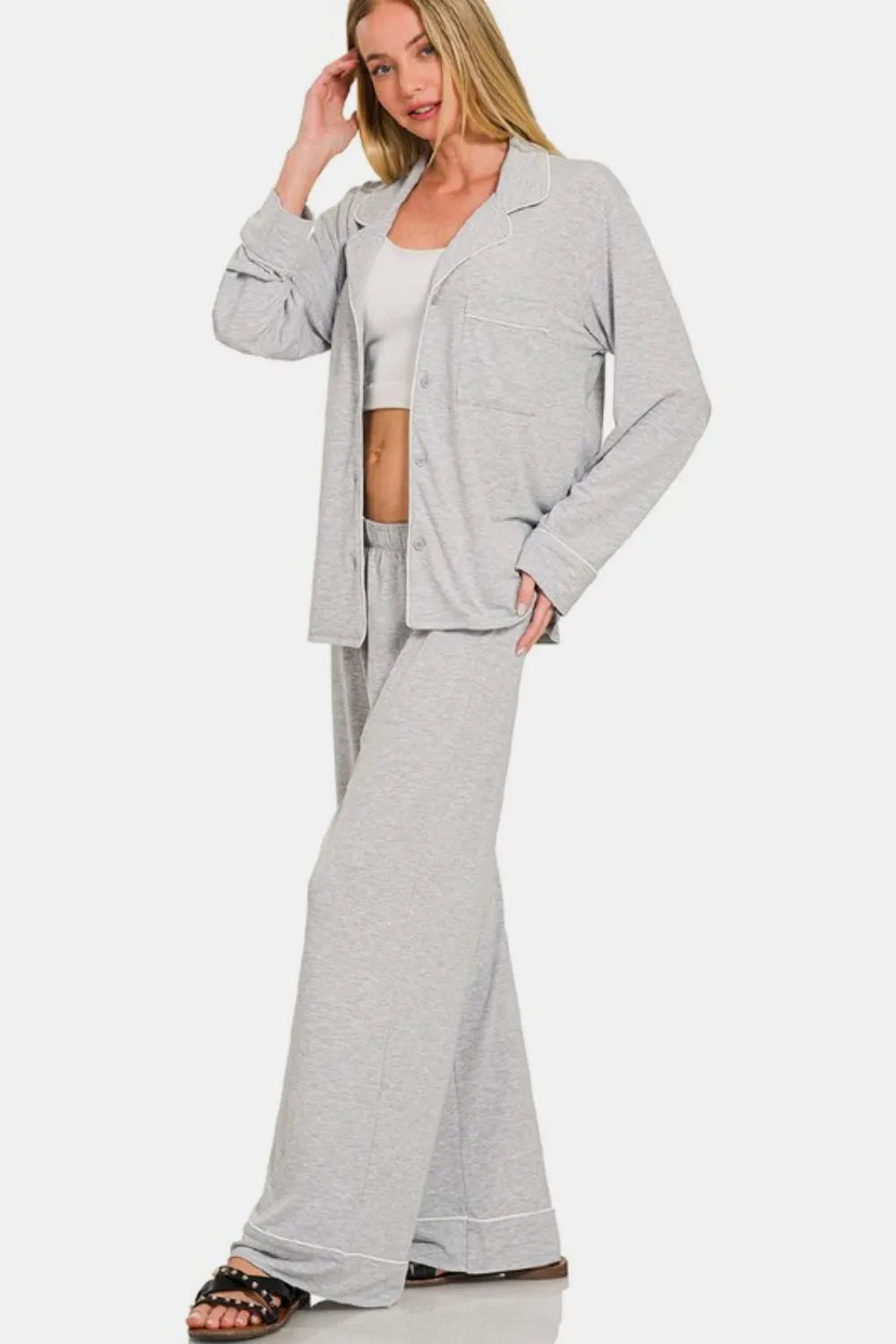 Image of Zenana Button Down Long Sleeve Top and Pants Lounge Set | Queeble.shop