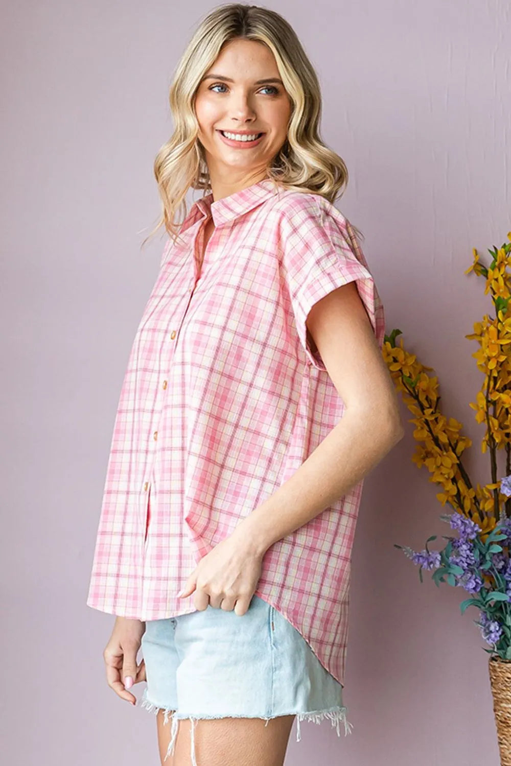 Image of Cotton Bleu by Nu Lab Plaid Collared Neck Short Sleeve Shirt | Queeble.shop