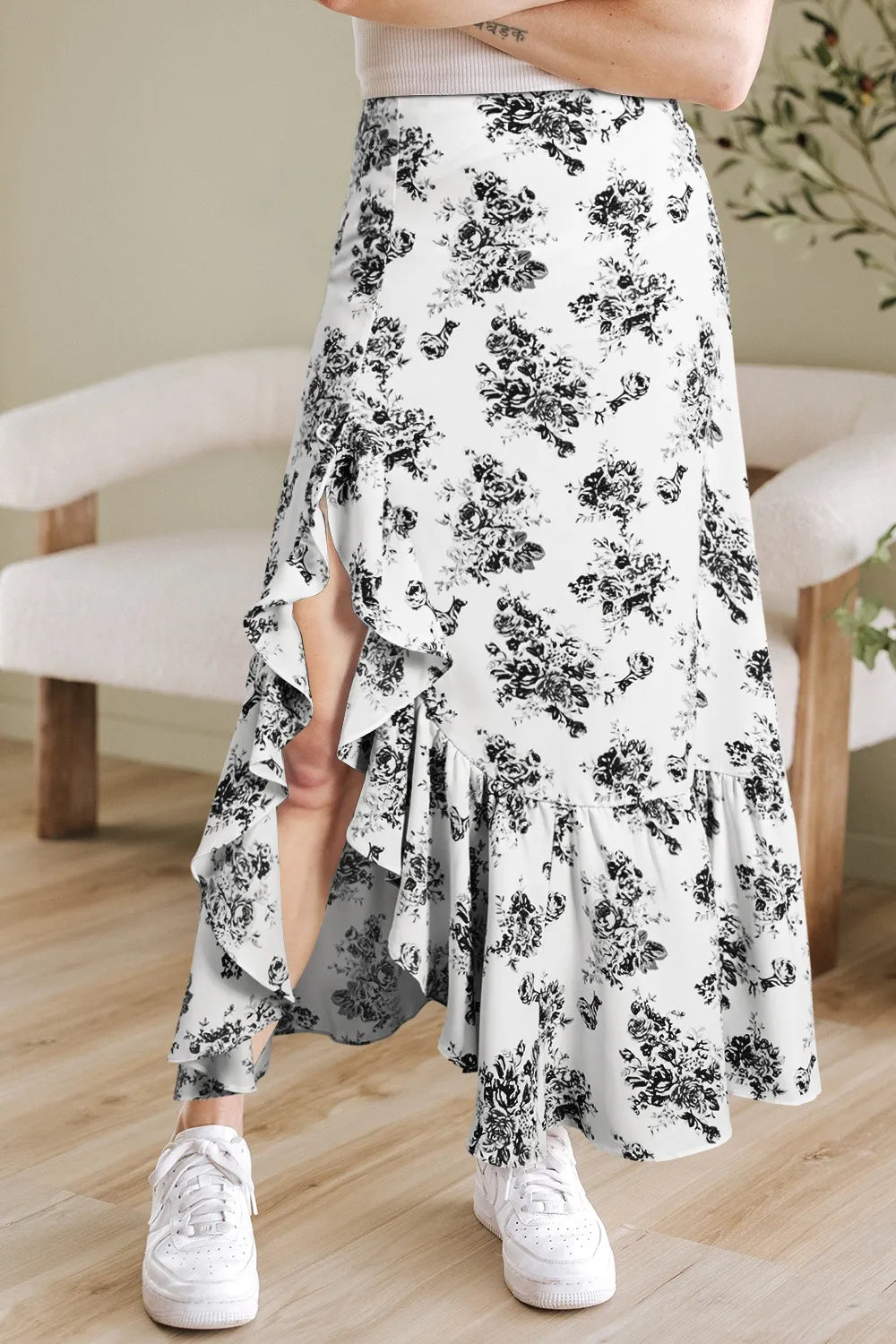 Image of Boho Floral High Waist Ruffle Split Maxi Skirt | Queeble.shop