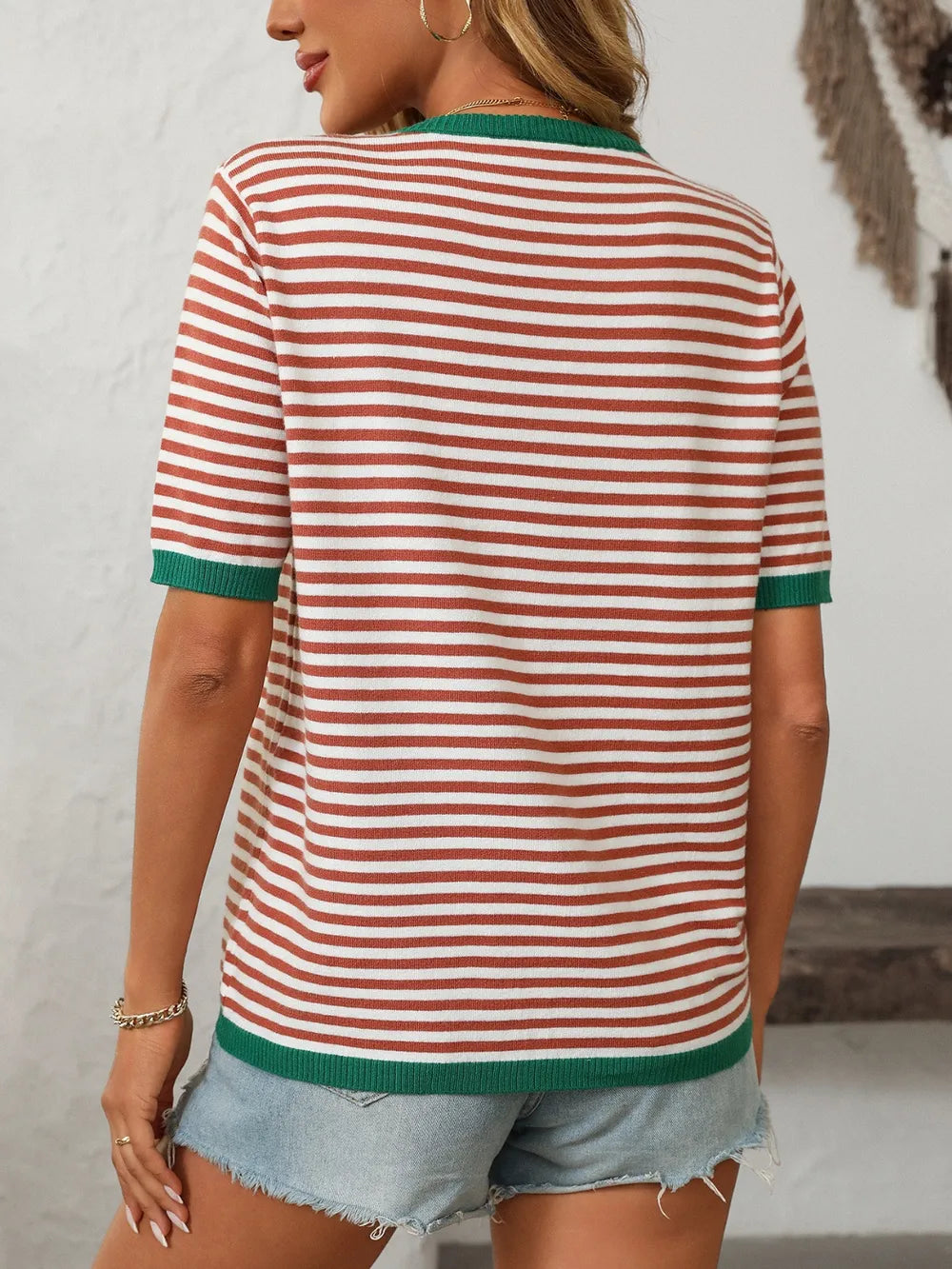 Image of Mandy Striped Round Neck Half Sleeve Knit Top | Queeble.shop