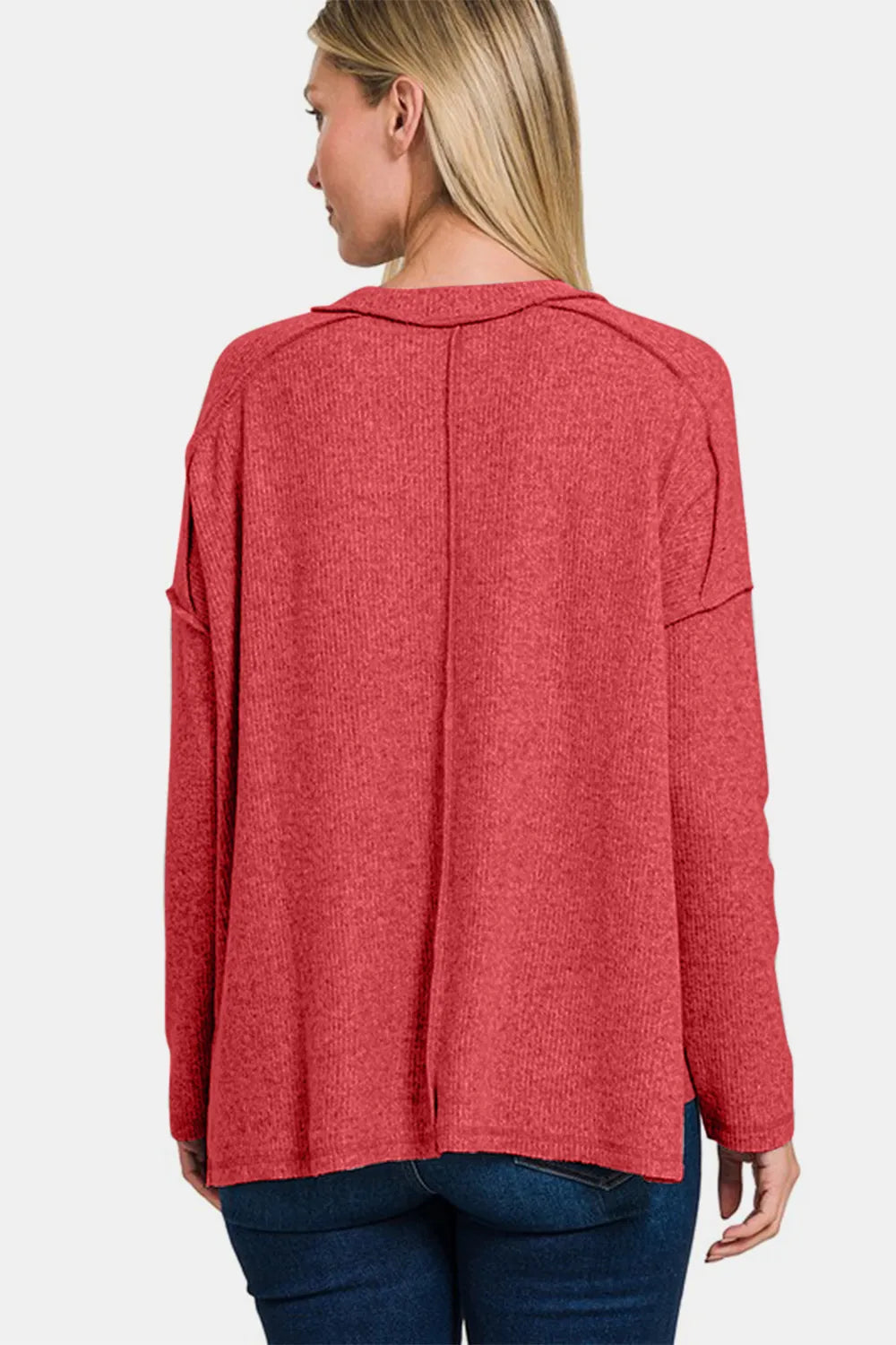 Image of Zenana Full Size Exposed Seam Brushed Round Neck Sweater | Queeble.shop