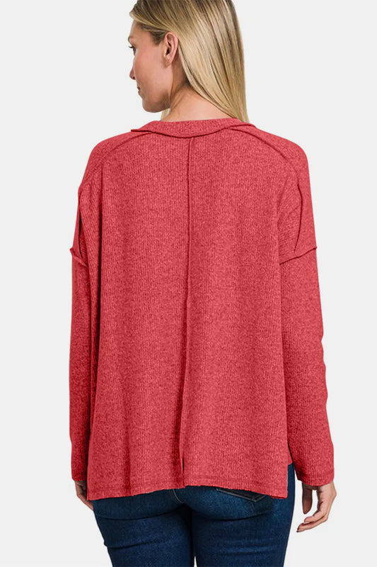 Image of Zenana Full Size Exposed Seam Brushed Round Neck Sweater | Queeble.shop