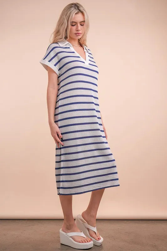 Image of VERY J Oversized Collared Striped Knit Midi Dress | Queeble.shop