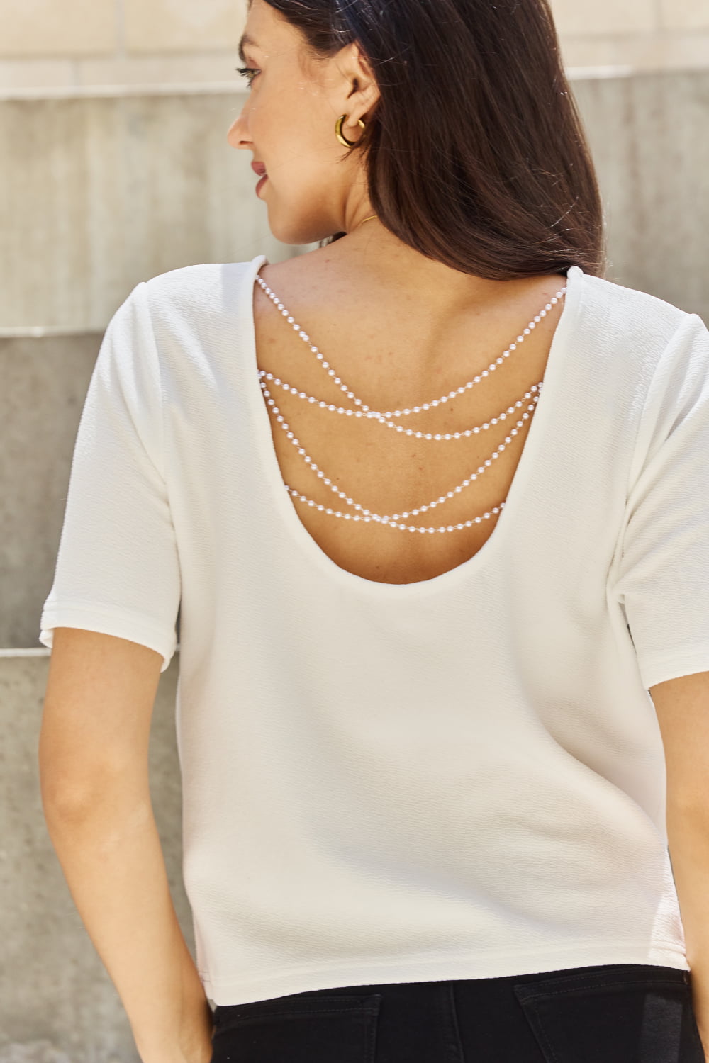 Image of And The Why Pearly White Full Size Criss Cross Pearl Detail Open Back T-Shirt | Queeble.shop