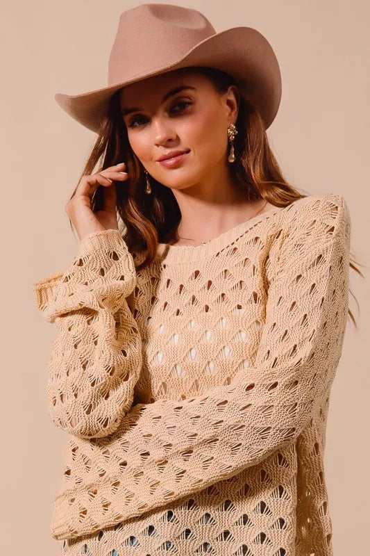 Image of SO ME Geometric Pattern Open Knit Lightweight Sweater | Queeble.shop