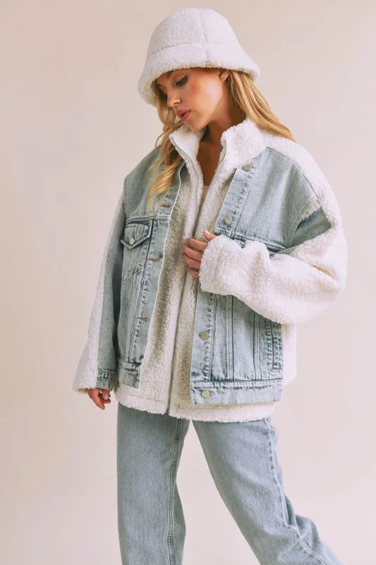 Image of Aemi + Co Denim Washed Drop Shoulder Sherpa Fake Two Pieces Jacket | Queeble.shop