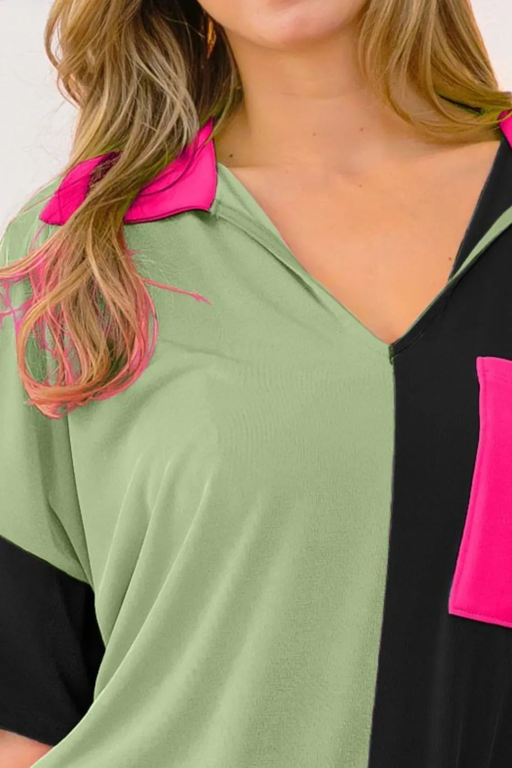 Image of BiBi Slinky Knit Color Block V Neck Front Top | Queeble.shop