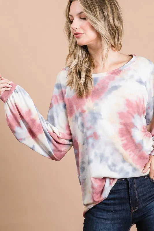 Image of BiBi Tie Dye Print Terry Top With Puff Sleeves | Queeble.shop