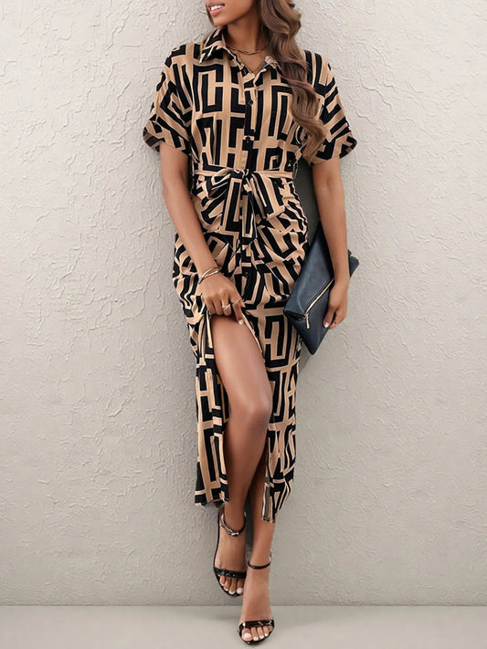 Image of Geometric Print Belted Midi Dress | Queeble.shop