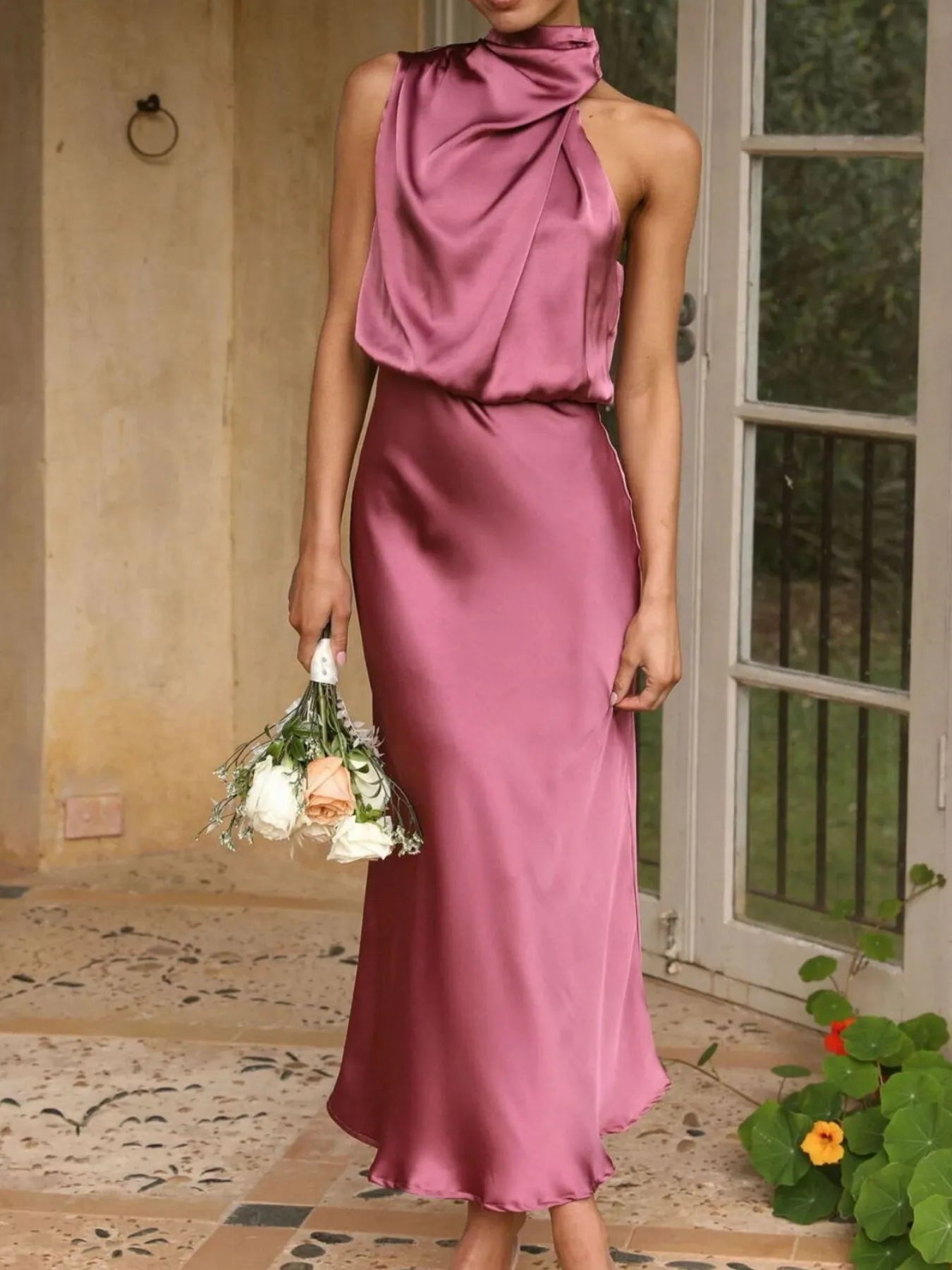 Image of Asymmetrical Ruched Sleeveless Midi Dress | Queeble.shop