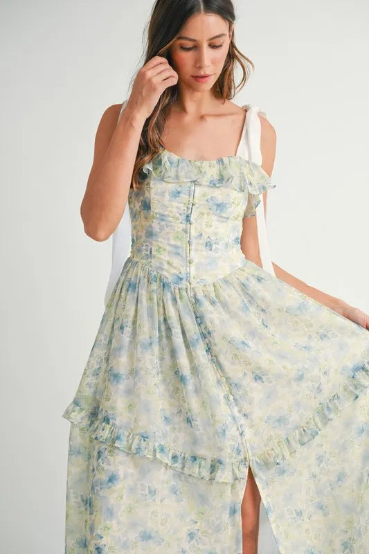 Image of MABLE Floral Printed Shoulder Strap Midi Dress | Queeble.shop