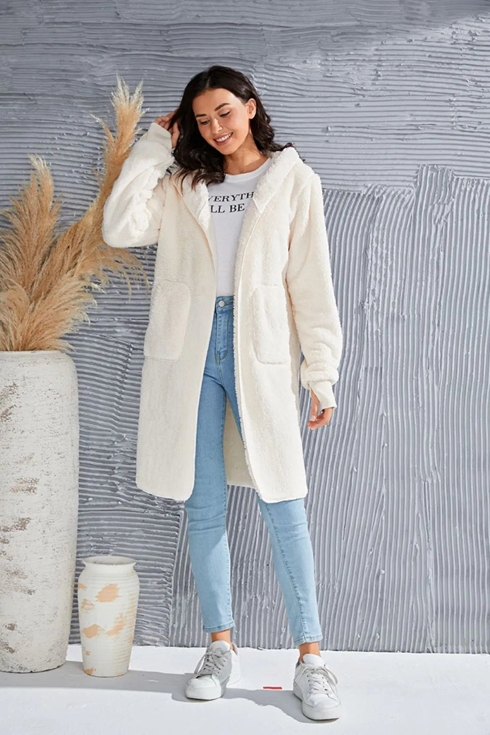 Image of Double Take Full Size Hooded Teddy Bear Jacket with Thumbholes | Queeble.shop