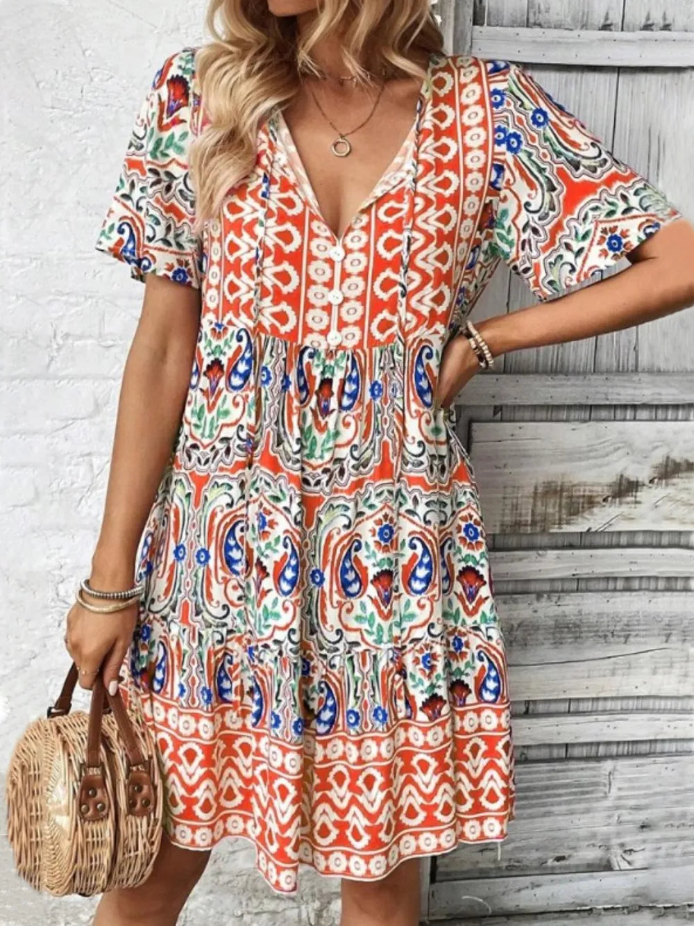 Image of Printed Tie Neck Short Sleeve Dress | Queeble.shop