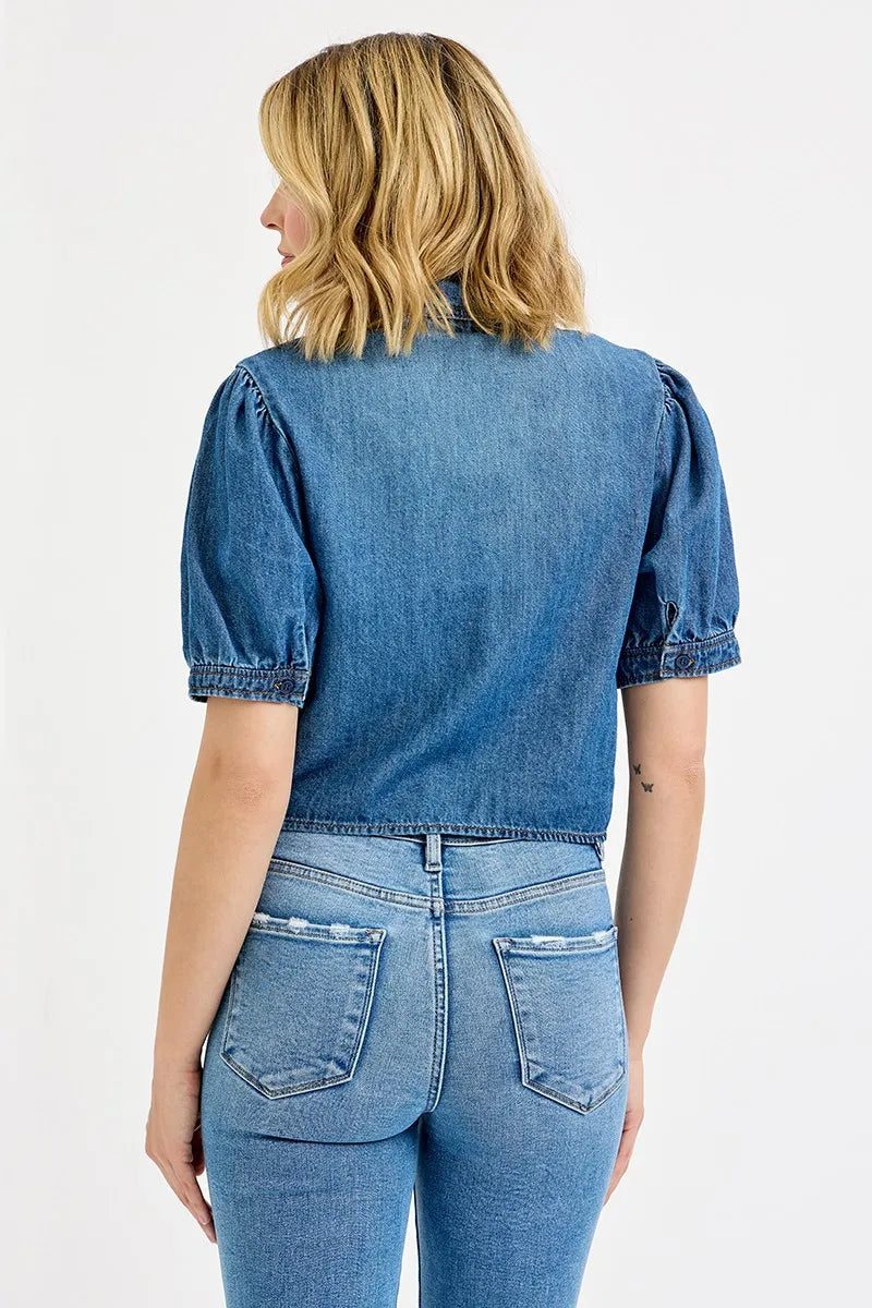 Image of RISEN Button Down Puff Sleeve Crop Denim Shirt | Queeble.shop