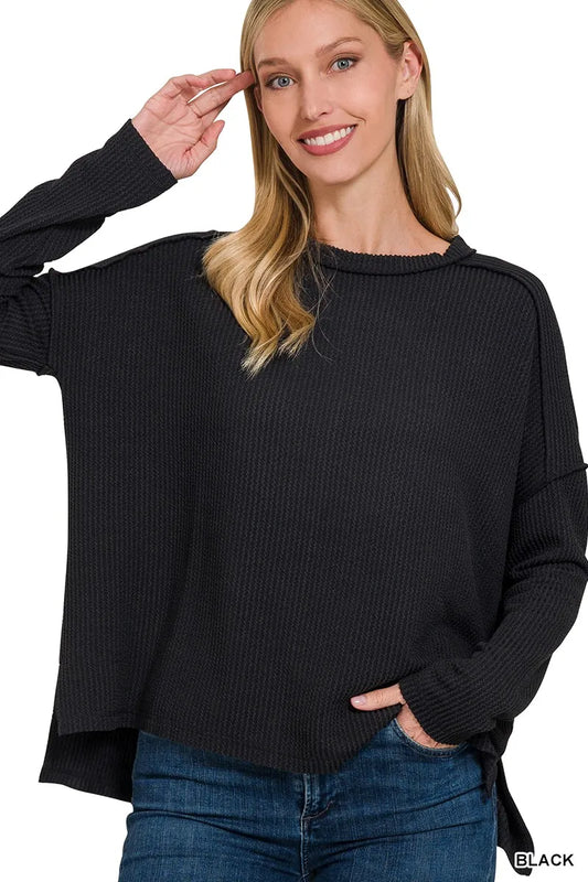 Image of Zenana Full Size Exposed Seam Long Sleeve Corded Rib Knit Top Plus Size | Queeble.shop