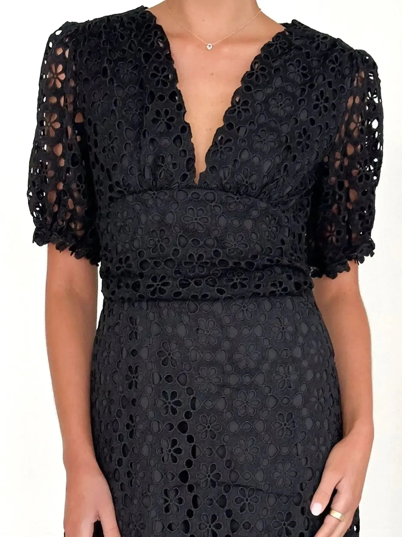 Image of Eyelet Lace V-Neck Midi Dress with Puff Sleeves | Queeble.shop