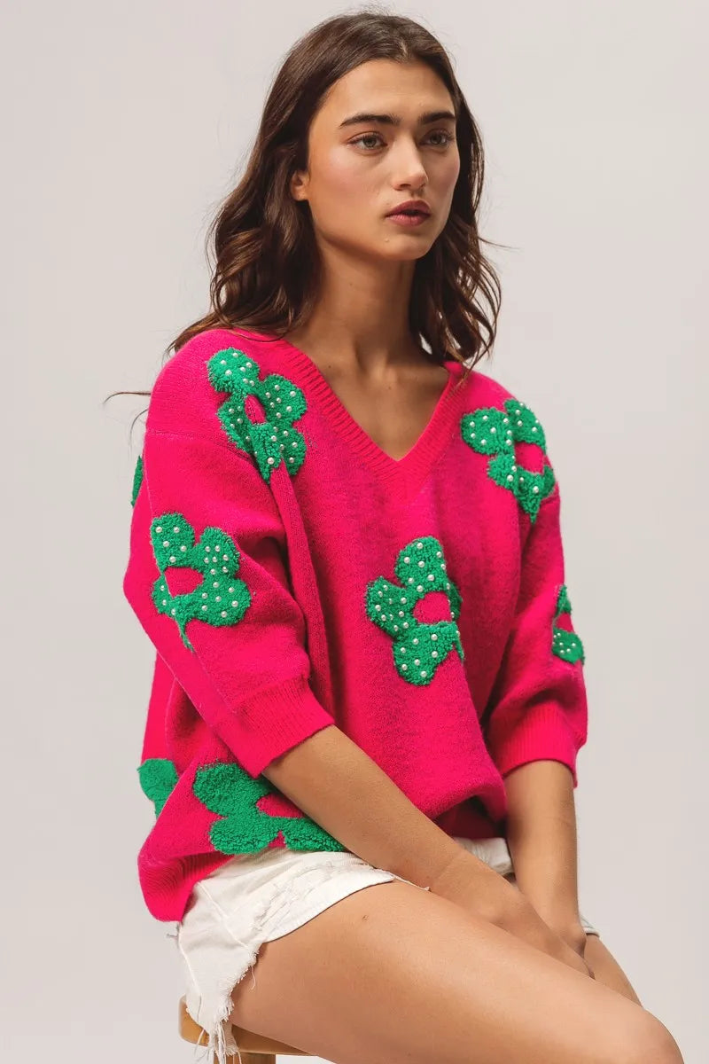 Image of BiBi Pearl Beads Flowers Sweater Top | Queeble.shop
