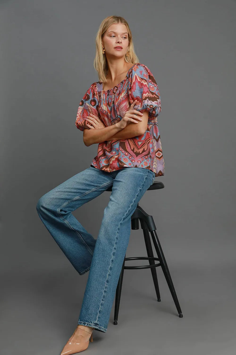 Image of Umgee Full Size Abstract Print Smocked Square Neck Puff Sleeve Blouse | Queeble.shop