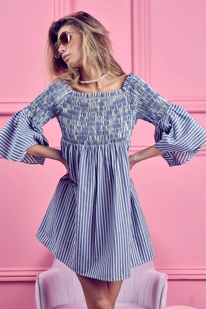 Image of BiBi Smocked Off Shoulder Striped Dress | Queeble.shop