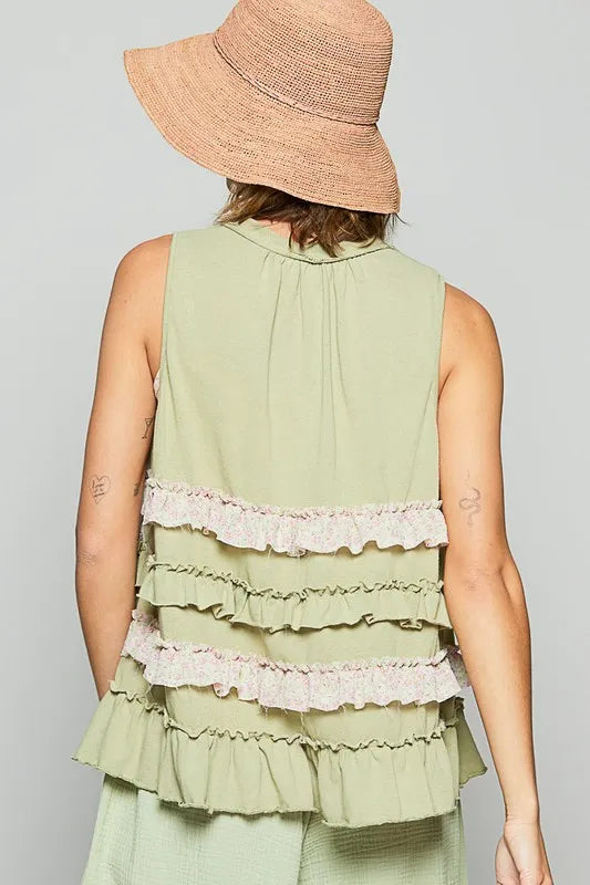 Image of POL Ruffled Open Front Sleeveless Cardigan | Queeble.shop