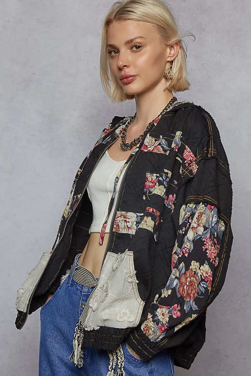 Image of POL Zip Up Floral and Lace Patch Washed Jacket | Queeble.shop