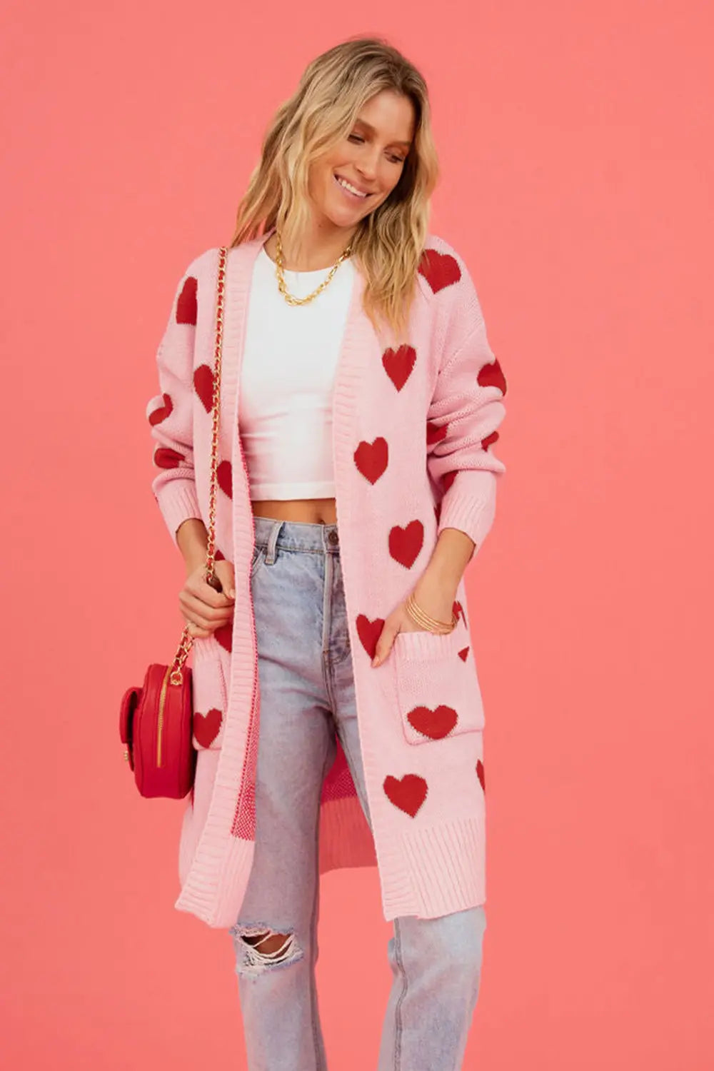 Image of Heart Graphic Open Front Cardigan with Pockets | Queeble.shop