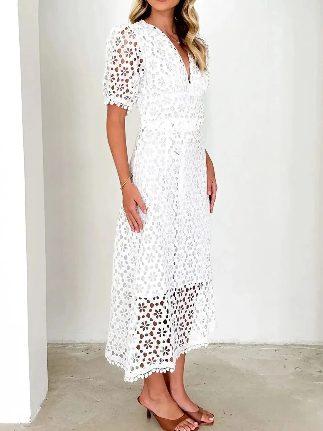 Image of Eyelet Lace V-Neck Midi Dress with Puff Sleeves | Queeble.shop