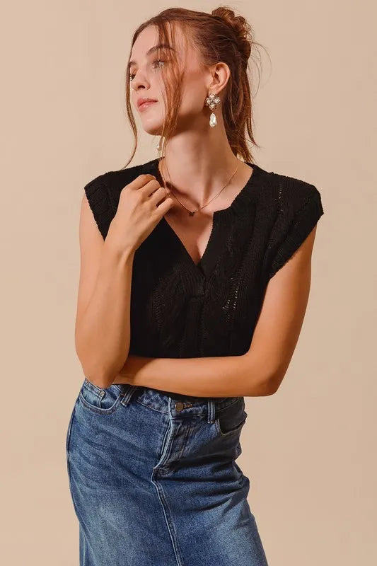 Image of SO ME Notched Neck Cable Knit Sweater Vest | Queeble.shop