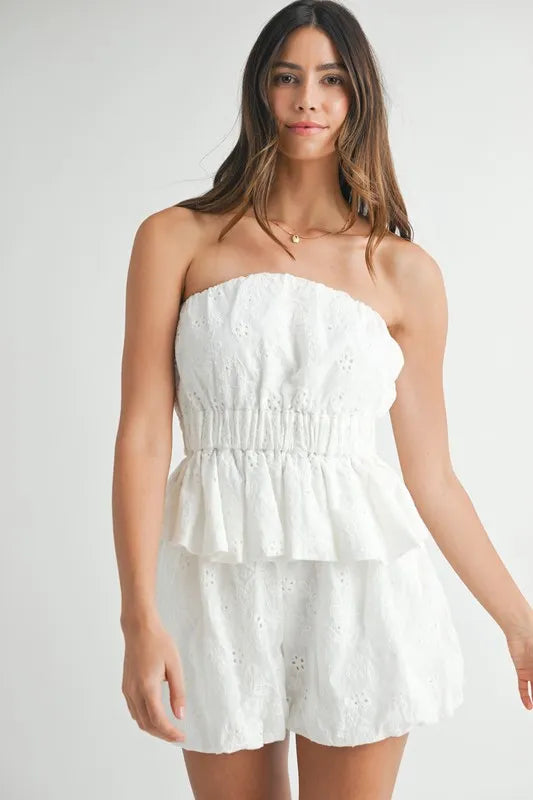 Image of MABLE Floral Eyelet Lace Tube Top and Short Set | Queeble.shop