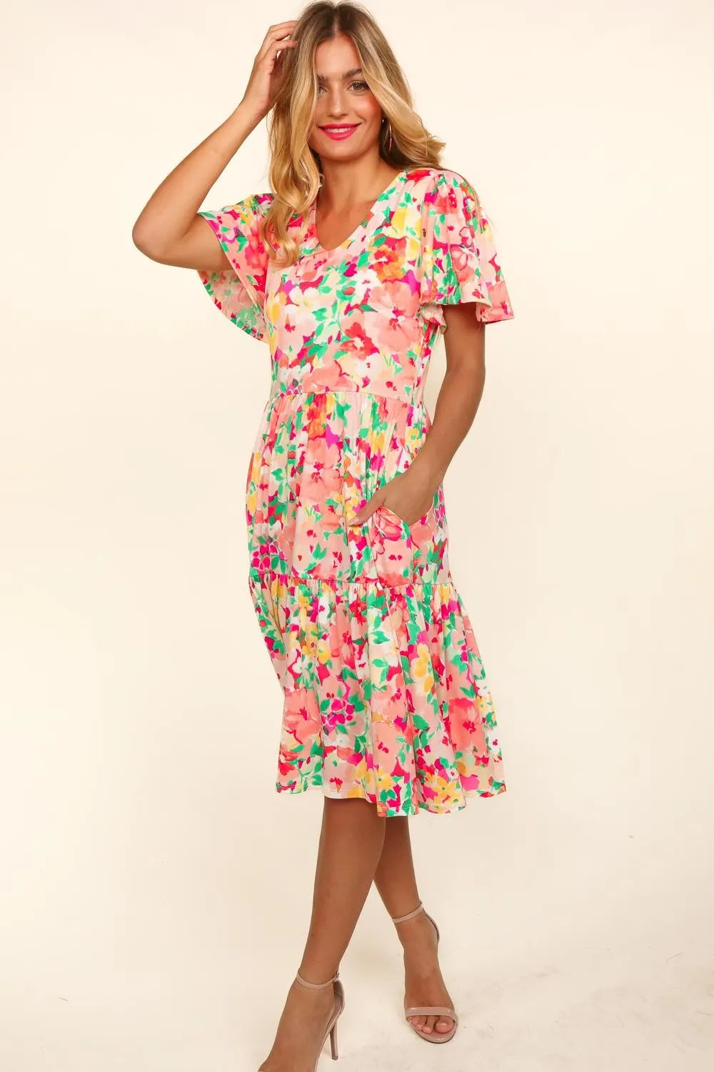 Image of Haptics Tiered Floral Midi Dress with Pockets | Queeble.shop