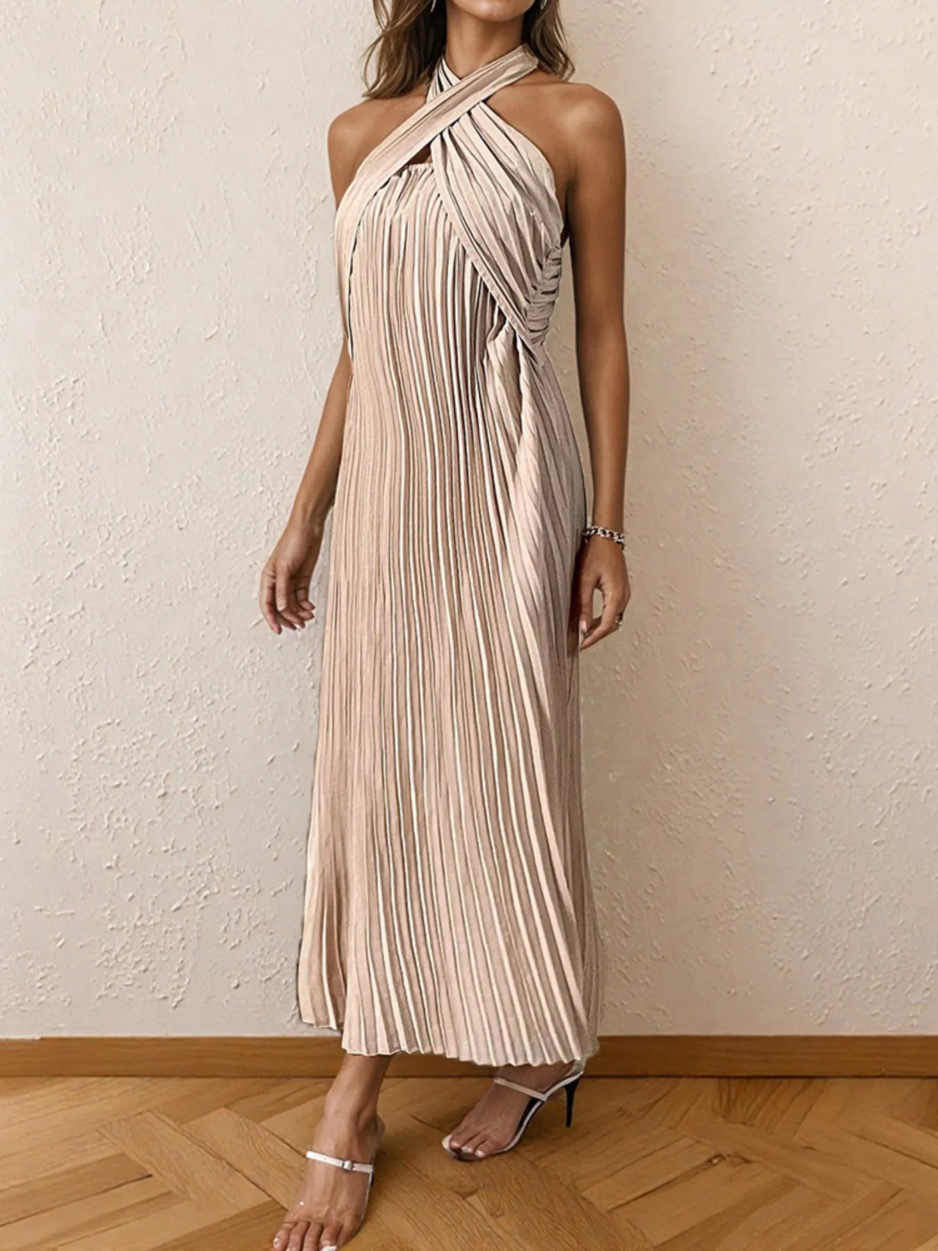 Image of Pleated Halter Neck Midi Dress | Queeble.shop