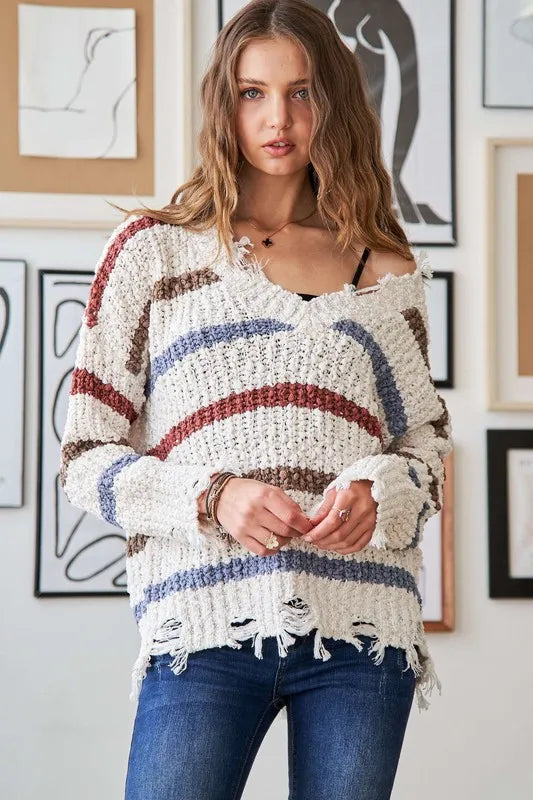 Image of ADORA Frayed Edge Stripe Sweater | Queeble.shop